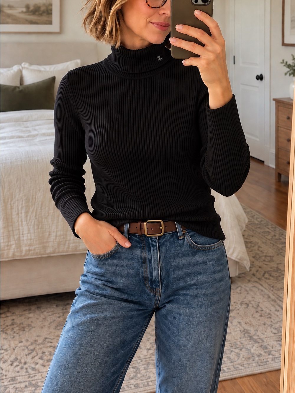 Lauren Ralph Lauren Black Ribbed Cotton Turtleneck – Large